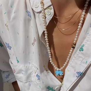 蓝色小象吊坠项链女天然珍珠串珠锁骨链小众高级感气质百搭锁骨链