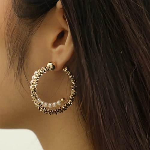 Y2K金属风双层珍珠串碎金子C形耳环女复古夸张耳圈小众显脸瘦耳饰