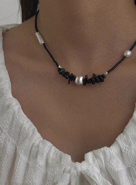 手工黑玛瑙碎银拼接项链黑色珠子串珠锁骨链巴洛克天然淡水珍珠女