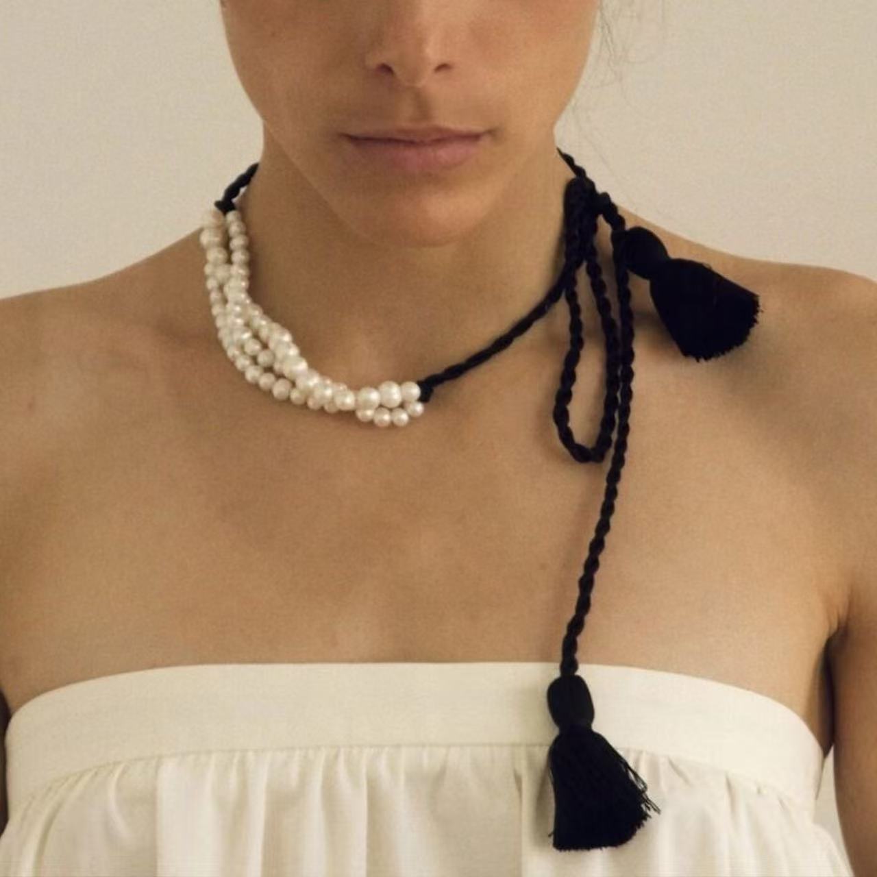 多层麻花淡水珍珠项链长款黑色