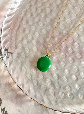 绿色不规则圆盘金色链条小众简约独特项链吊坠潮流女时尚简约项链