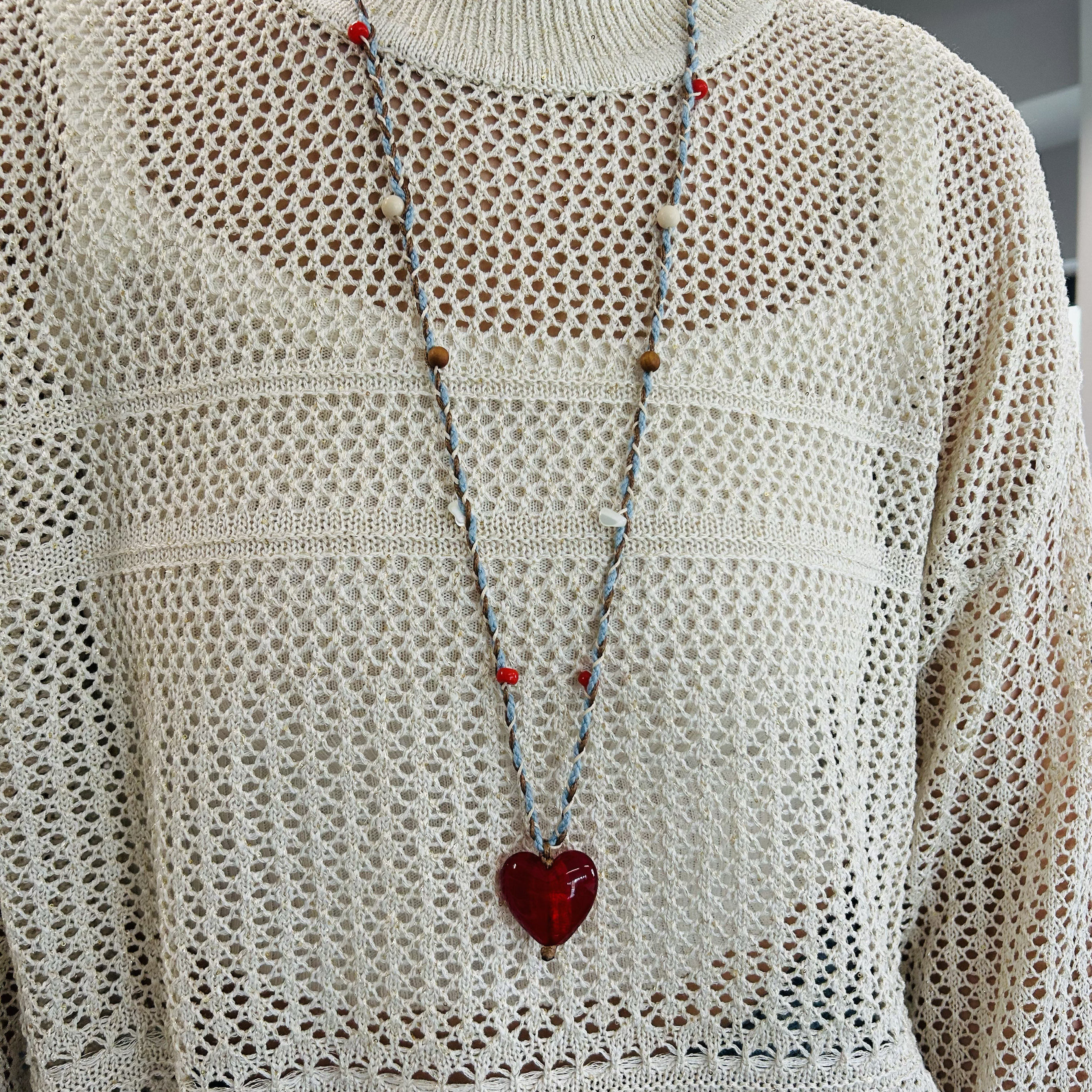 Ameistudio复古彩色编织棉绳手编长款爱心项链编绳链串珠饰品吊坠