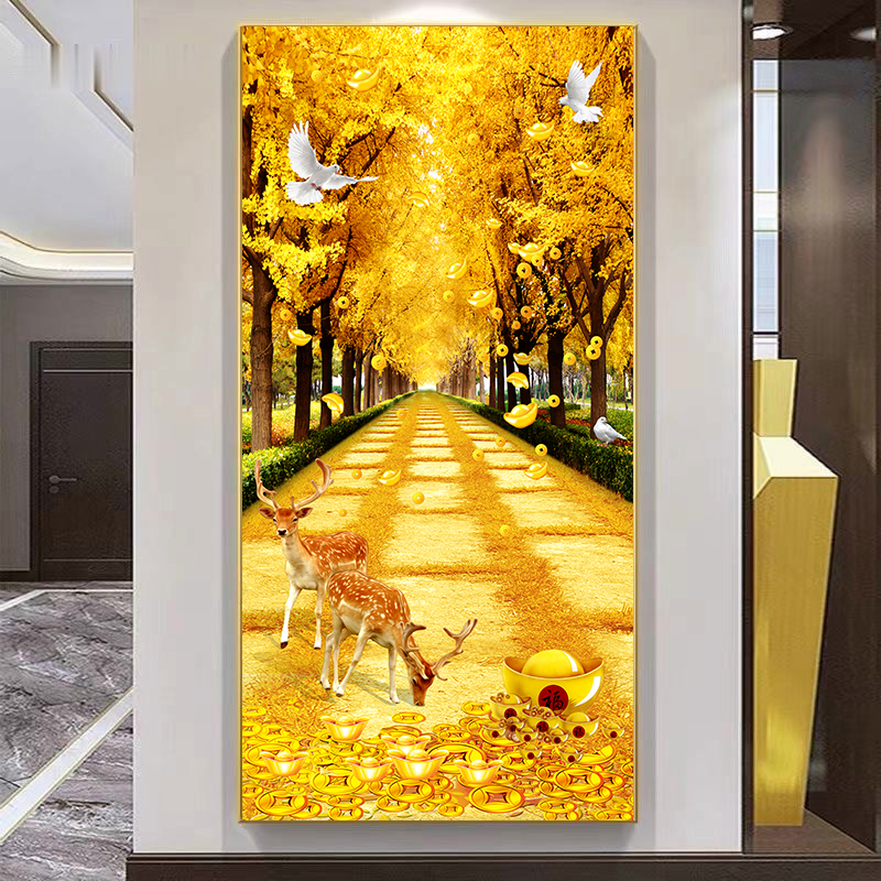 发财树进门入户玄关装饰画晶瓷镶钻壁画墙画走廊过道挂画轻奢竖版图片