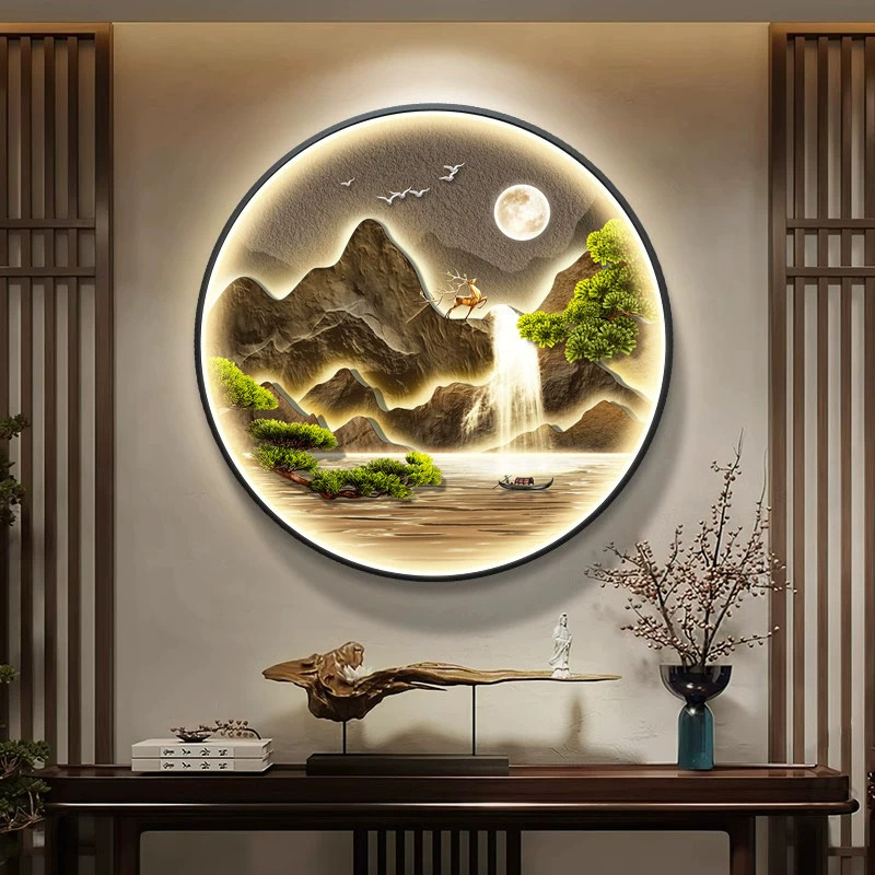 山水灯光壁画进门入户墙玄关挂画