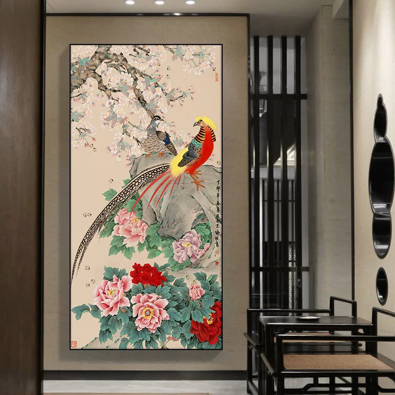 中式花鸟进门入户墙画玄关装饰画
