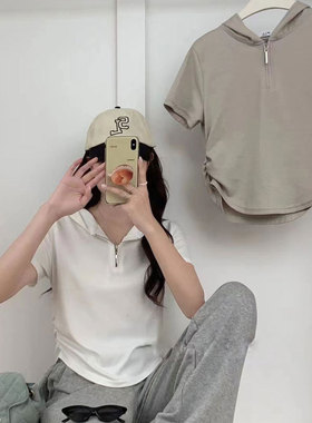 夏季连帽薄款t恤女时尚纯棉软糯短款立体花边针织气质上衣ins修身