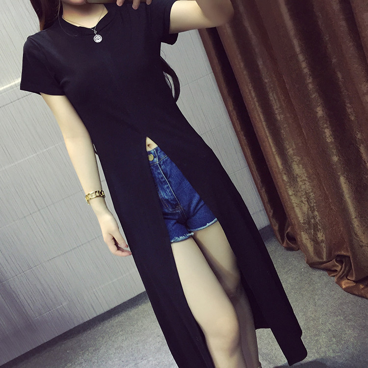 疯狂抢购韩版个性款前中间开叉修身显瘦时尚纯色tee长衫裙T恤女