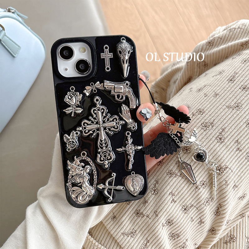 暗黑系ins滴胶十字架挂坠适用苹果15promax壳iPhone14新款13硅胶12情侣15防摔14pro保护套11女高级
