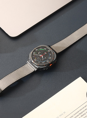 适用三星Watch8Classic疯马纹皮革手表带Ultra47mm折叠磁吸扣腕带