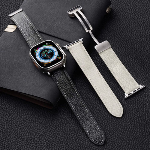 适用AppleWatch11苹果iwatch10金属磁吸扣ultra3真皮SE荔枝纹表带