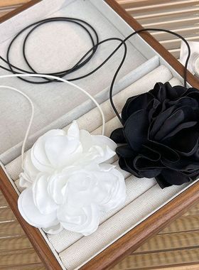 黑色立体花朵绑带颈链玫瑰花choker项链女颈花颈带系脖子配饰项圈