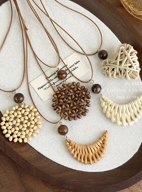 波西米亚民族风爱心月亮编织项链女小众独特个性夏季长款海边配饰