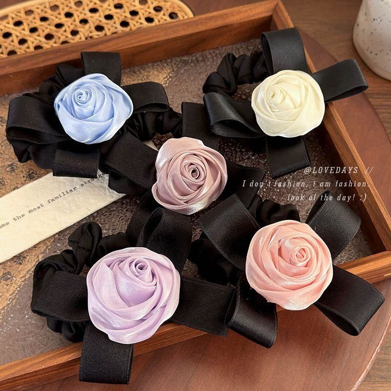 韩版珠光纱纱玫瑰花蝴蝶结发圈头饰高弹力扎头发绳花朵小肠圈头绳