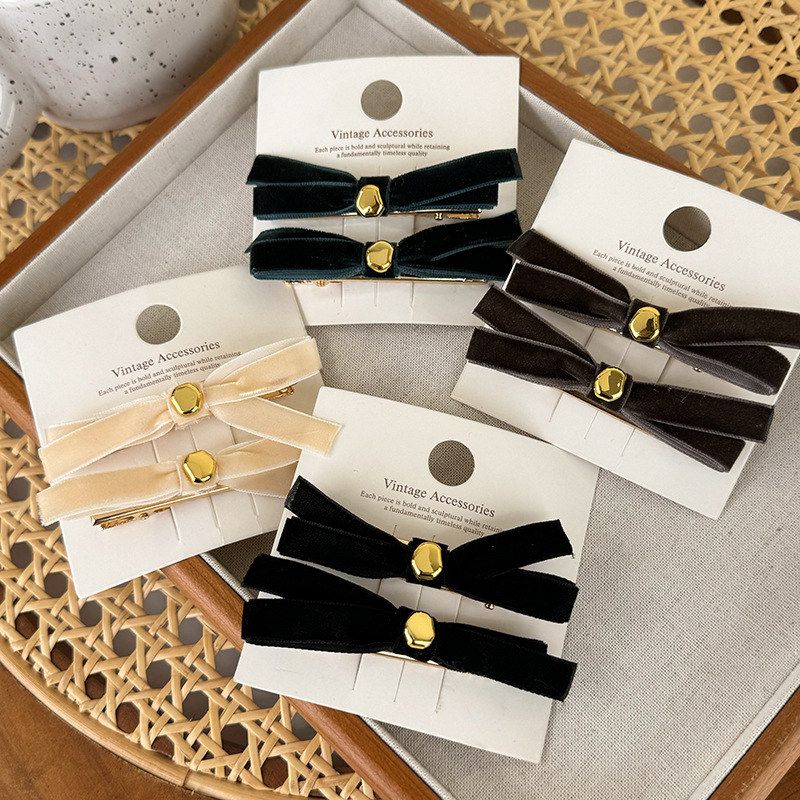 韩版秋冬新甜美减龄小金豆丝绒蝴蝶结发夹对夹ins鸭嘴夹边夹发卡