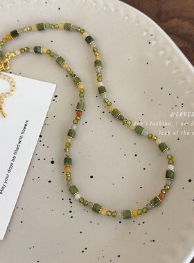 复古小众绿色系精致天然石串珠项链春夏新款新中式锁骨链颈链配饰