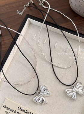 韩版新款闪亮串珠银色金属蝴蝶结项链女高级感精致甜美双层锁骨链