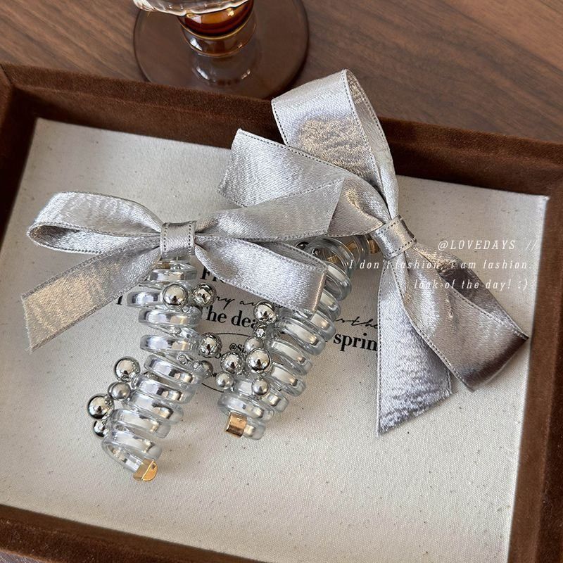 甜酷风银色蝴蝶结发圈珠珠电话线头绳螺旋泡泡辫编发高马尾发绳女