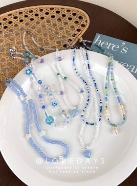 蓝色系手工彩色串珠项链女夏百搭叠戴水晶辣妹锁骨链简约T恤颈链