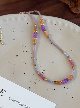 春夏新款紫色韵味色系锁骨链彩色水晶树脂手工串珠项链中国风配饰