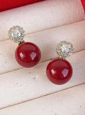 复古红色珍珠锆石耳钉女轻奢高级感耳环小众独特气质耳饰2025新款