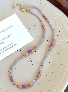 春夏新款紫色韵味色系锁骨链彩色水晶树脂手工串珠项链中国风配饰