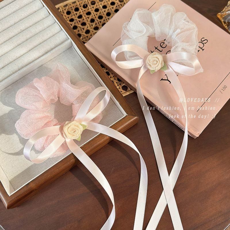 超仙玫瑰花花朵发绳网纱蝴蝶结飘带发圈玻璃纱大肠圈头绳森系少女