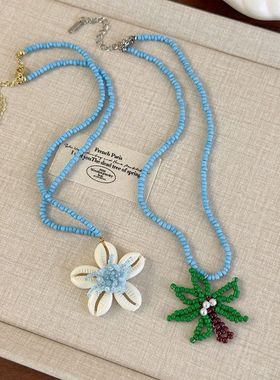 夏季海边度假风蓝色串珠椰树贝壳项链女设计感小众甜美小花锁骨链
