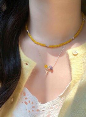 新中水清冷感清新黄色玻璃串珠百搭项链飞燕叠戴锁骨链春夏项饰