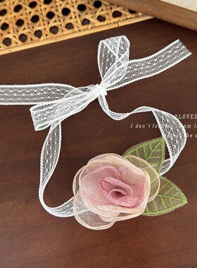 新品网纱渐变干枯玫瑰蕾丝choker法式飘带花朵仙女手腕花颈链项链