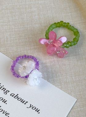 春季多巴胺彩色串珠花朵戒指女高级感气质开口戒小众设计食指戒