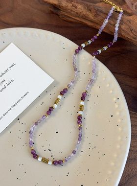 春夏新款浪漫紫色系水晶玻璃手工串珠项链甜美气质拍照配饰颈链女