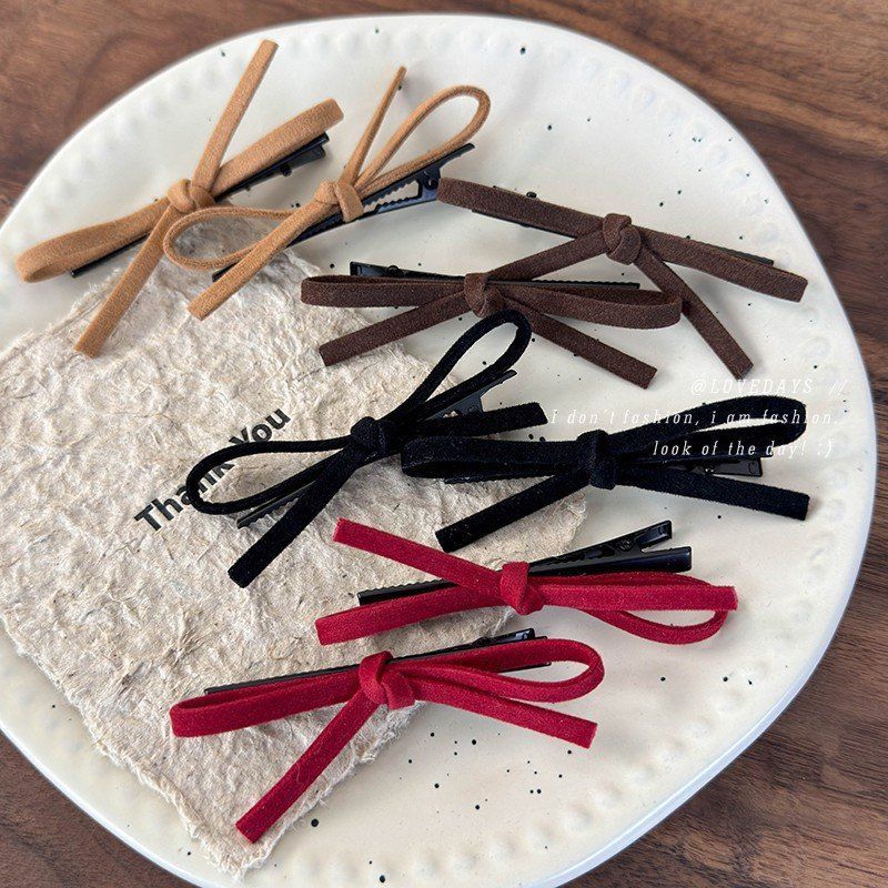 侧边麂皮绒红色蝴蝶结刘海发夹前额头饰女一字夹边夹秋冬2024新款