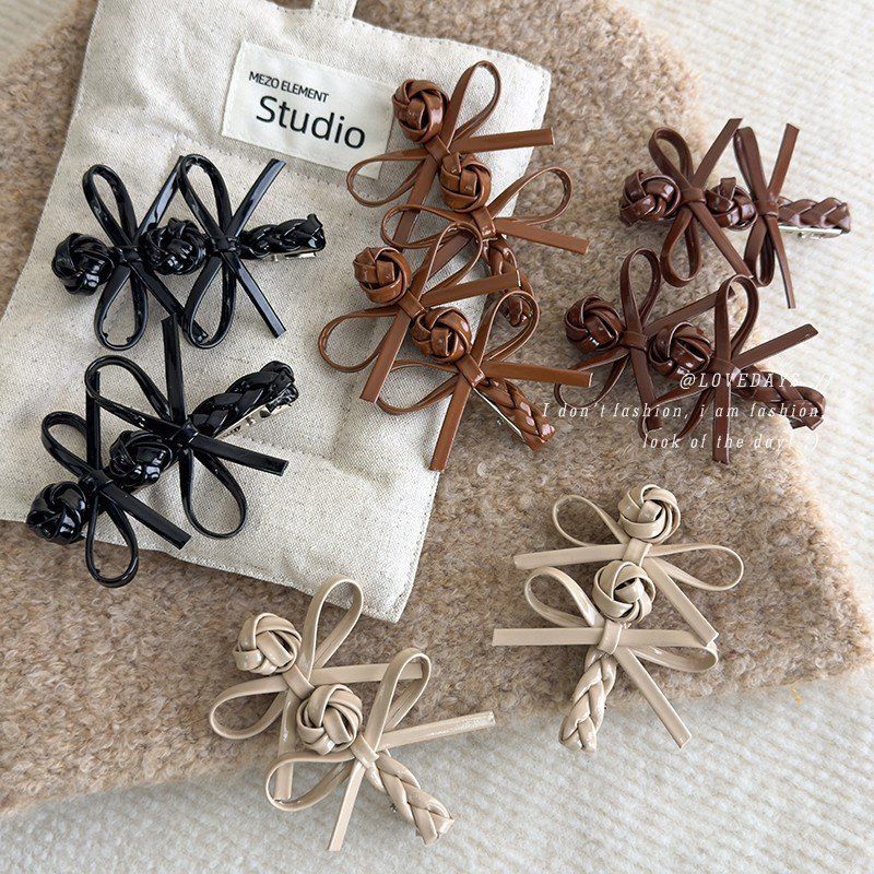 气质复古皮质双蝴蝶结发夹侧边韩系小香风刘海夹前额发卡鸭嘴夹女