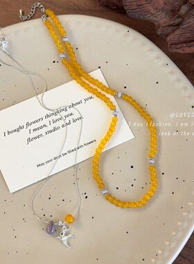 新中水清冷感清新黄色玻璃串珠百搭项链飞燕叠戴锁骨链春夏项饰