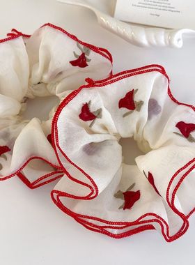 红色刺绣玫瑰花朵大肠发圈2025春夏新款扎发丸子头高端发绳头绳女