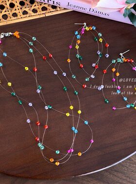 彩色多巴胺串珠项链女春时尚个性显脸小耳钉小众设计高级感锁骨链