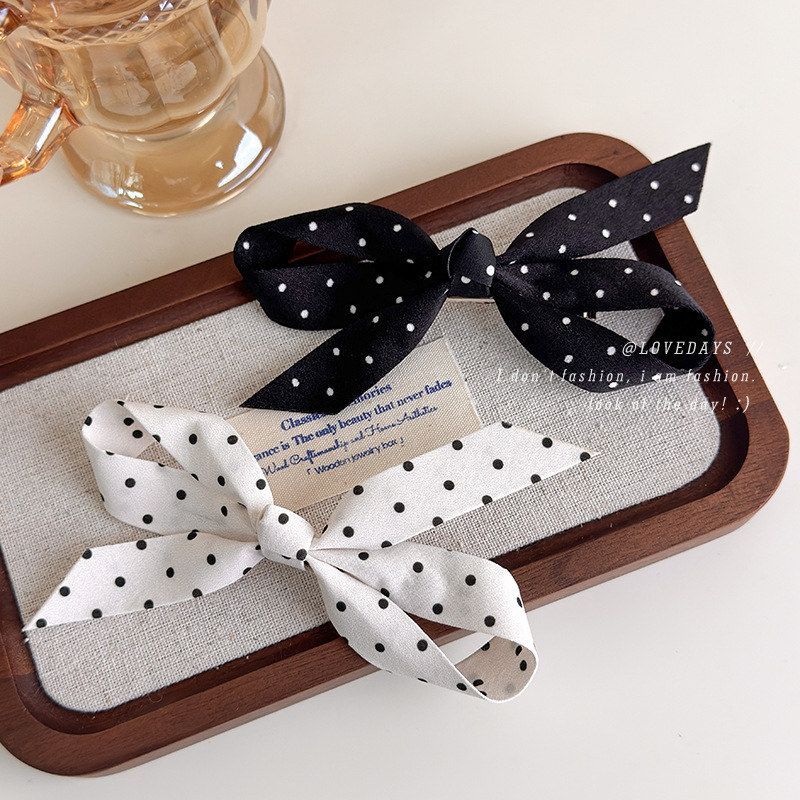 韩系简约黑白波点发夹少女感芭蕾风布艺蝴蝶结鸭嘴夹碎发双马尾夹