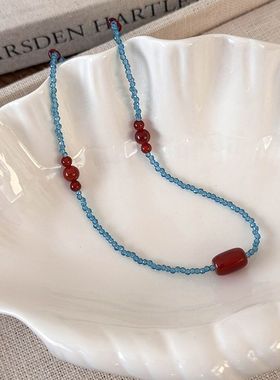新中式天然石红玛瑙串珠项链显白神器叠戴锁骨链汉服配饰国风颈链