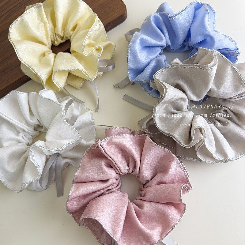 温柔双层银色包边褶皱抽拉系带蝴蝶结大肠发圈高级感2025新款头绳