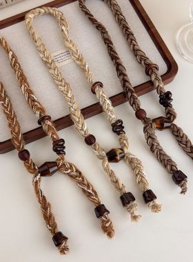 波西米亚民族风编织毛线串珠项链女复古美拉德长款配饰秋冬毛衣链