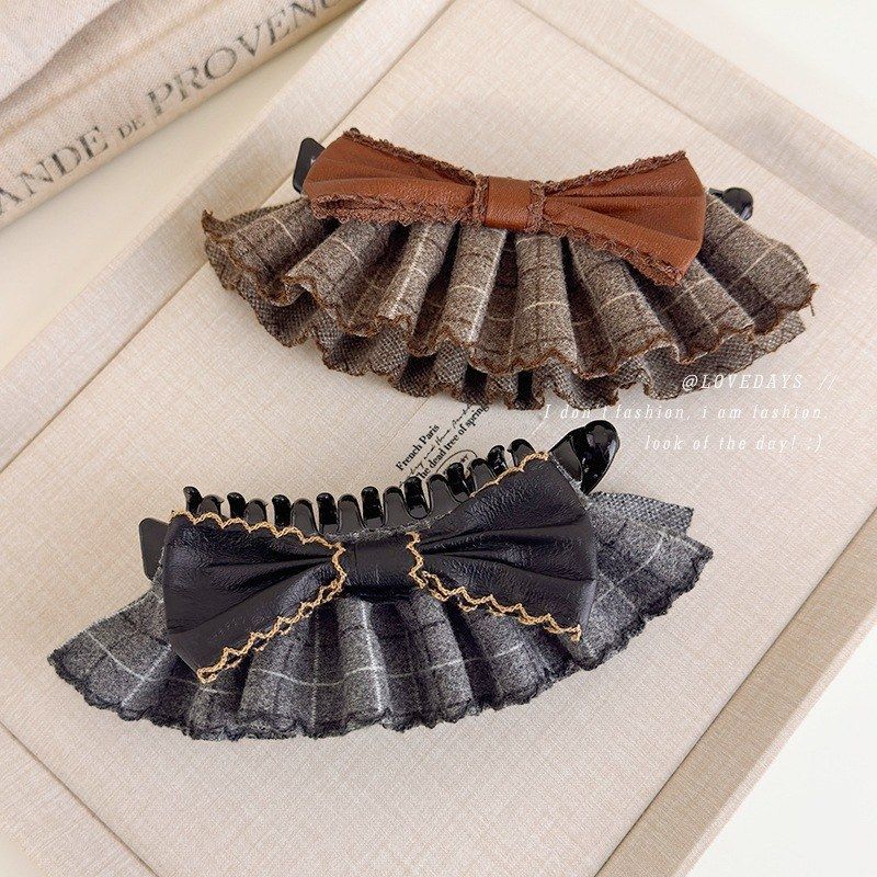 复古格纹学院风可露丽香蕉夹后脑勺蝴蝶结发夹发卡竖式高马尾发饰