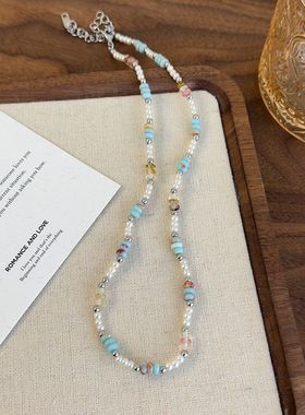 新中式绿色石头仿珍珠彩色串珠项链锁骨链配饰小众轻奢时尚颈链女