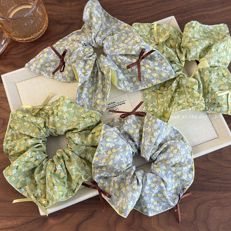 韩国复古绿色系碎花发圈布艺褶皱蝴蝶结头花小清新扎头发马尾发绳