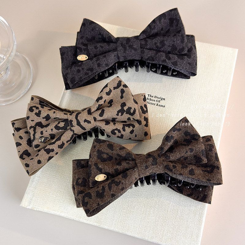 秋冬新款毛呢豹纹蝴蝶结香蕉夹发卡高马尾竖夹扭扭夹高级感发饰潮