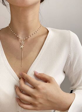 韩版珍珠锆石花朵项链Y字ins小众轻奢锁骨链森系女生颈链短项链