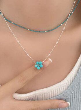 新中式民族风配饰蓝色石头早春小清新串珠花朵项链叠戴锁骨链百搭