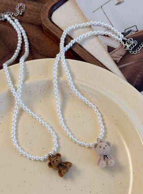 韩国博主同款丝绒小熊珍珠项链锁骨链女可爱百搭甜美配饰秋冬颈链