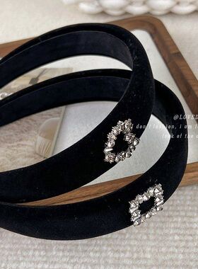 黑色丝绒碎钻发箍韩版秋冬复古气质爱心方形宽边发箍个性压发头箍