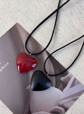 韩版博主同款红色爱心吊坠项链女辣妹风毛衣链抽绳可调节颈链配饰