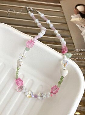 甜美！粉色水晶串珠郁金香花朵项链2026年新款陶瓷爱心锁骨链颈链